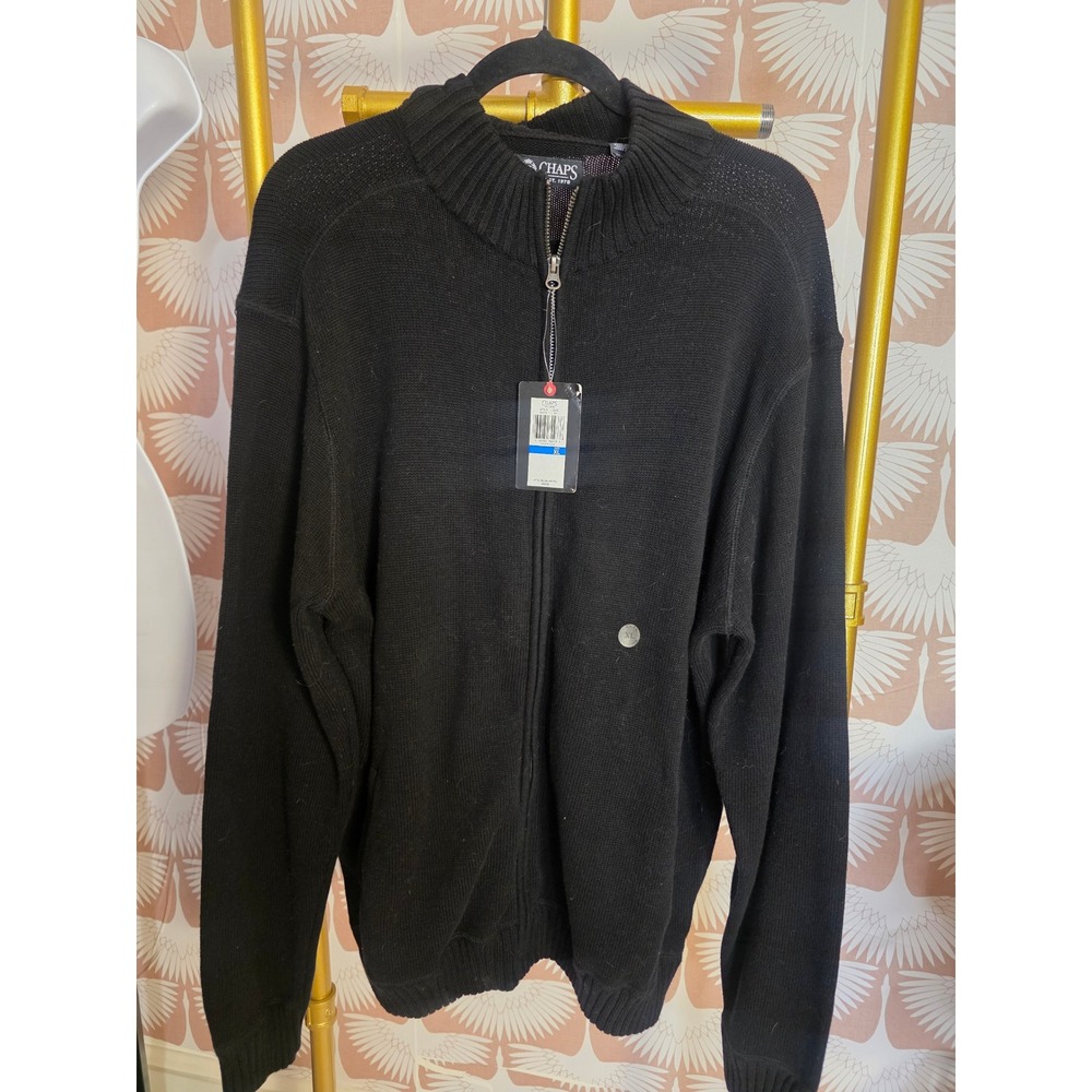 Chaps Mens Full Zip Cotton Sweater Black Mock Neck Elbow Patches pockets XL NWT